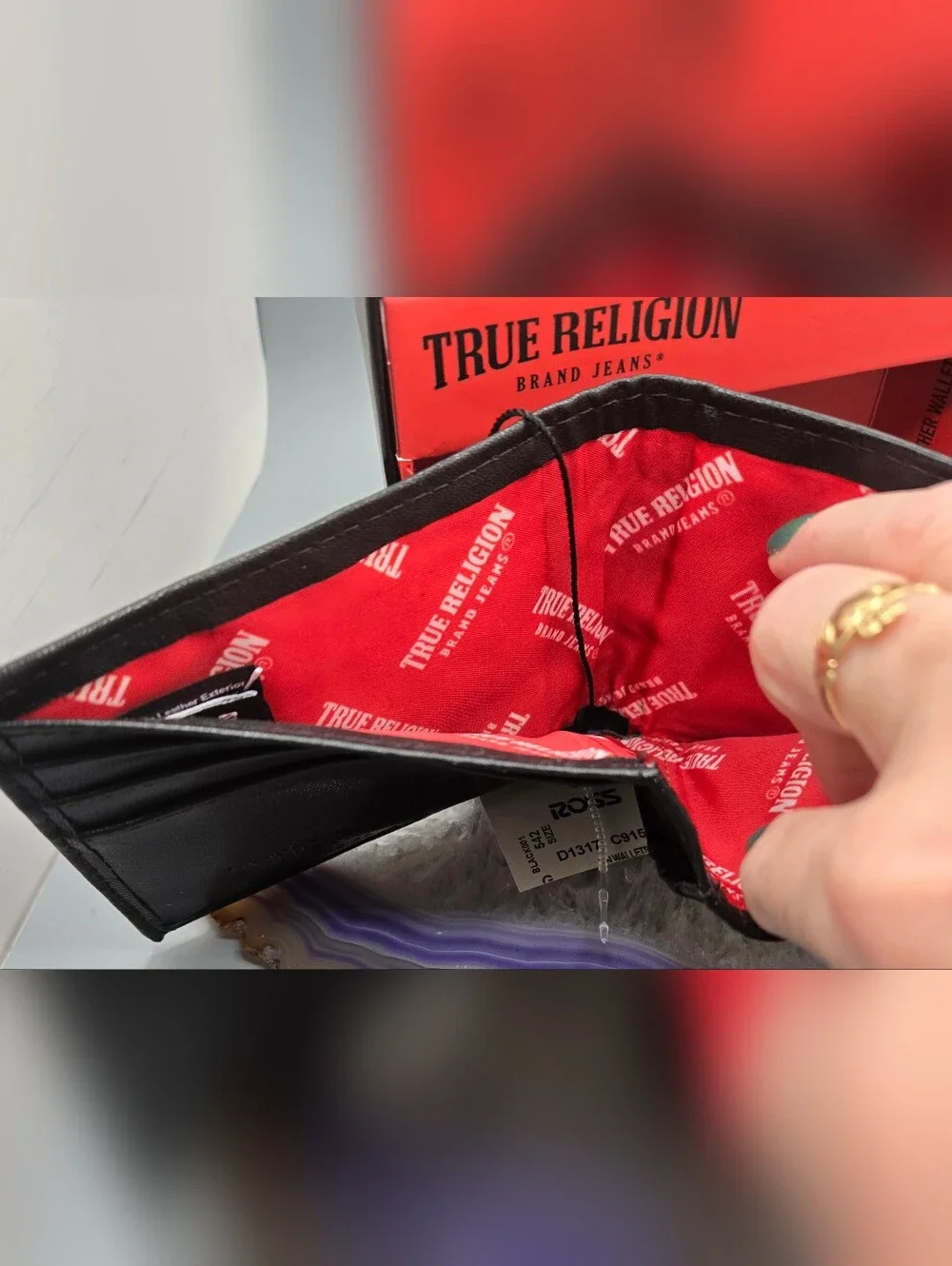 True Religion Black Leather Wallet w/ Red Stitching & Lining NWT